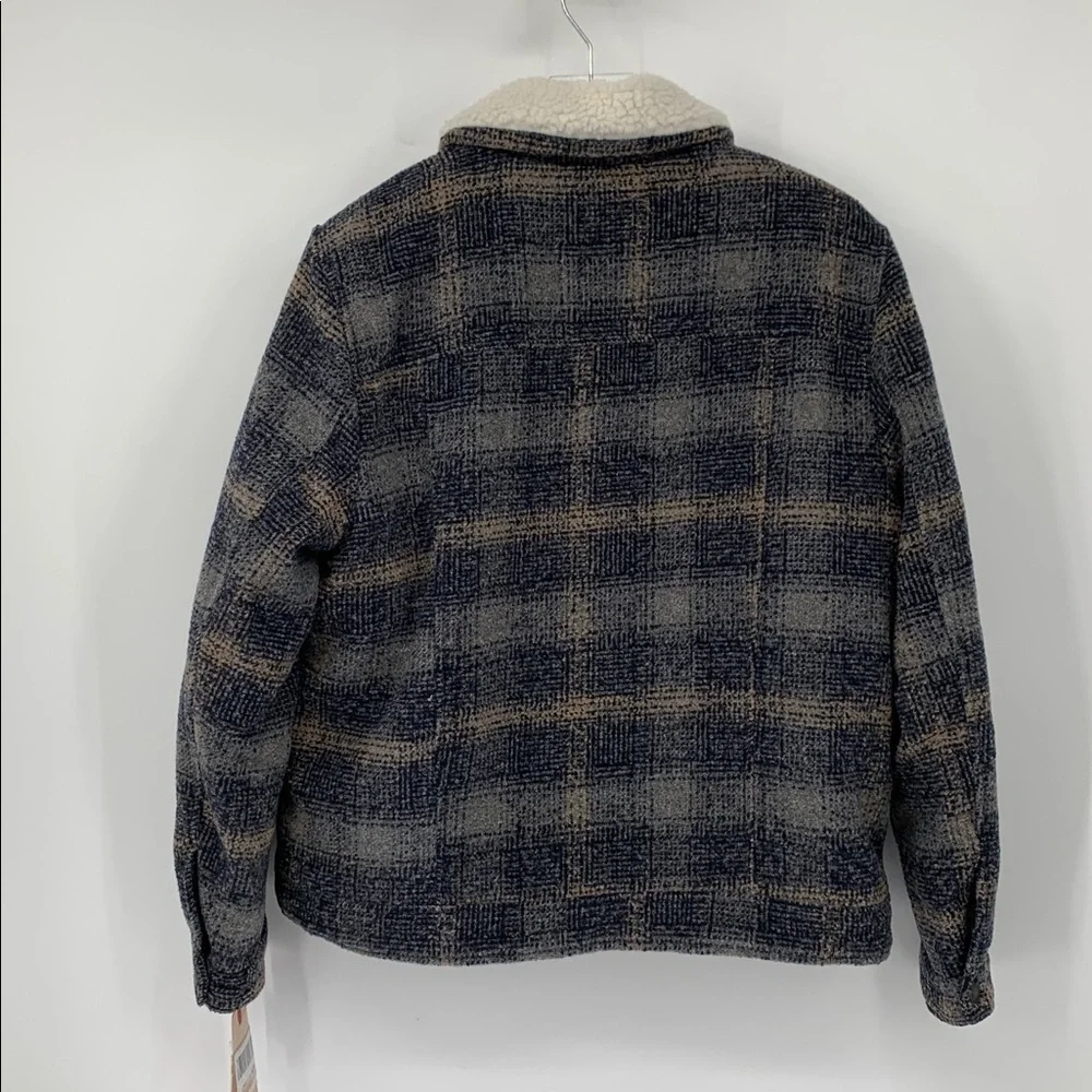 Levis Sherpa lined trucker jacket coat plaid blue gray faux shearling men new L